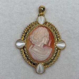 Amedeo Gold-Tone Carved Shell Portrait Cameo Pendant HSN mfg China